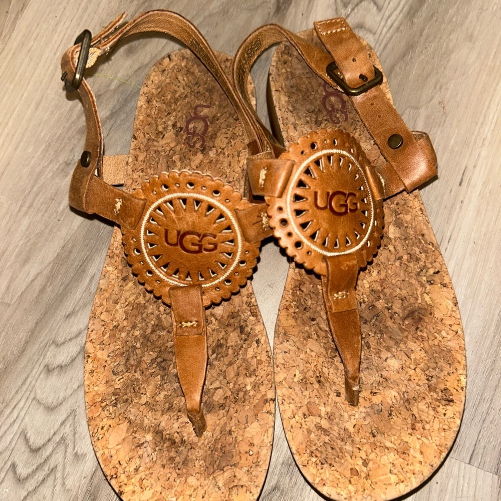 UGG Women's Tan Cork Leather Thong Sandals